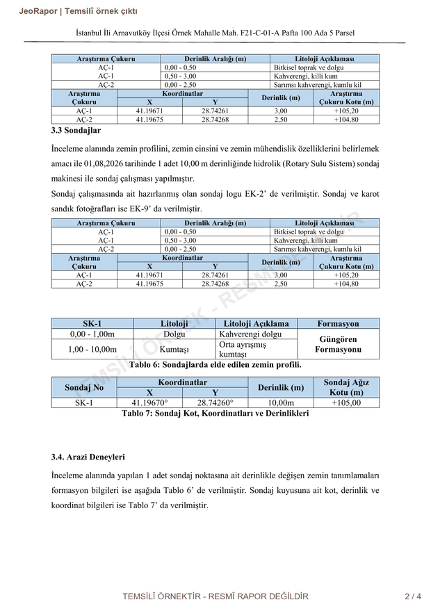 Temsilî JeoRapor çıktısı, sayfa 2